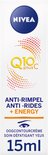 Verpakking NIVEA Q10 plus C Anti-Rimpel + Energy oogcontourcrème. Toont oranje gestippeld patroon en tekst '15ml'.