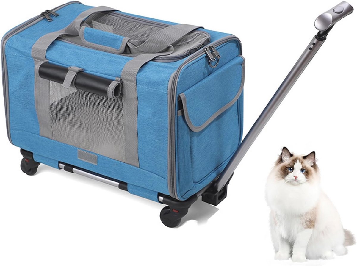 Transporttas met wieltjes voor huisdieren - Opvouwbare draagtas met telescoopgreep en afneembare wielen