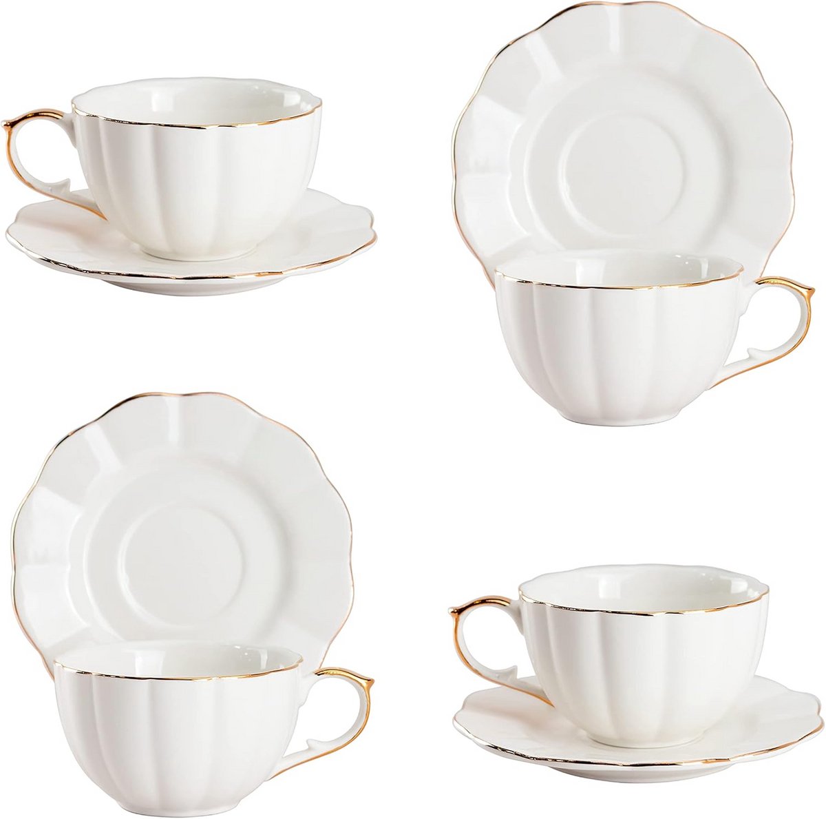 Set van 4 Theekoppen en Schotels in Wit met Gouden Rand - 7 oz Sint-Jakobsschelp Design