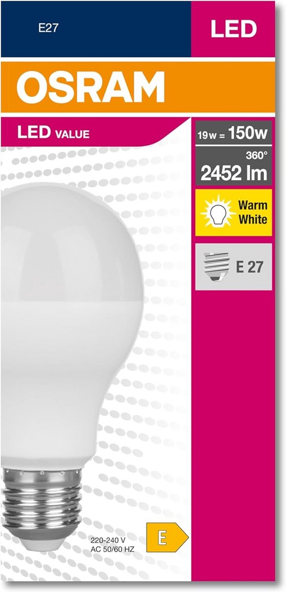 Krachtige LED Lamp E27 19W (150W Vervanger) 2452 Lumen Warm Wit 2700K Gloeilampvorm