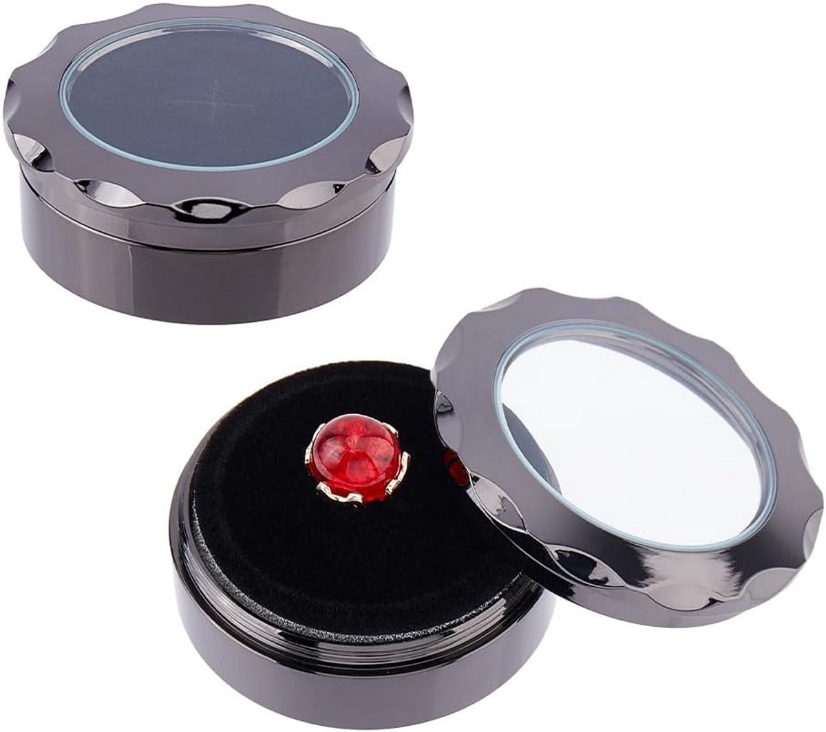 Set van 2 Ronde Display Doosjes met Glazen Deksel - Gunmetal Kleur voor Sieraden, Diamanten en Edelstenen