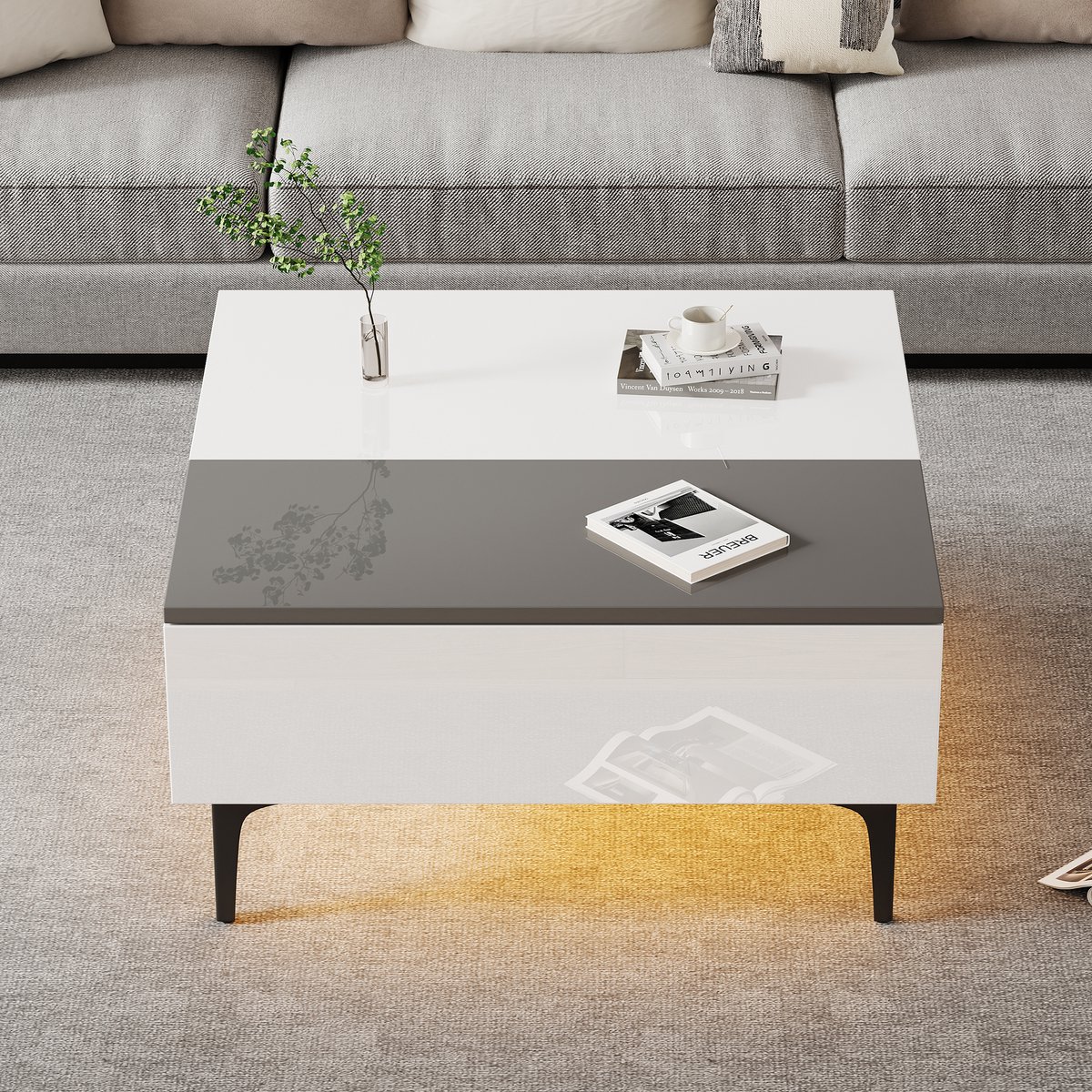 STILVORA Salontafel - Verstelbaar Met Hydraulisch Hefblad En Verborgen Opbergruimte - LED RGB - Voor Kleine Woningen - MDF - 70x70x35 cm - Wit+Grijs+Zwart