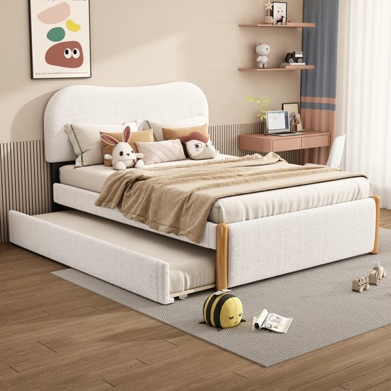 Wishdor – Gestoffeerd Bed 140x200 cm – Met Uitschuifbed – Minimalistisch Design – Strak & Flexibel – Pluche & MDF – Wit