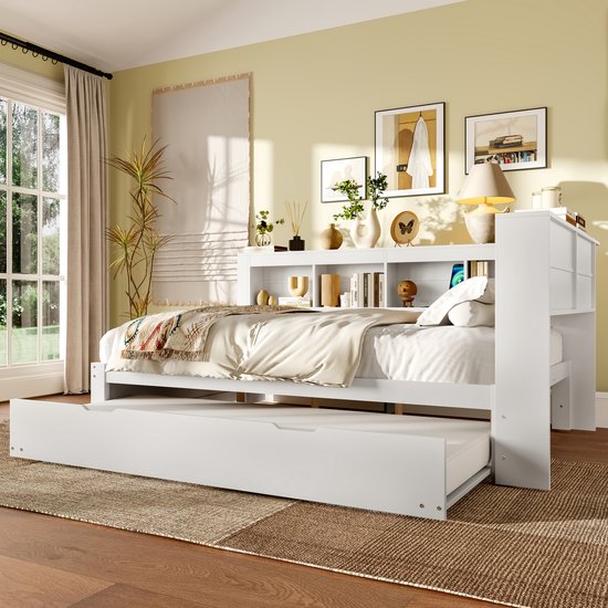 Wishdor – Dagbed 140x200 cm – Met Uitschuifbed, Stopcontact & USB – Inclusief 2 Lades & Opbergvakken – Compleet & Slim – MDF & Grenen – Wit