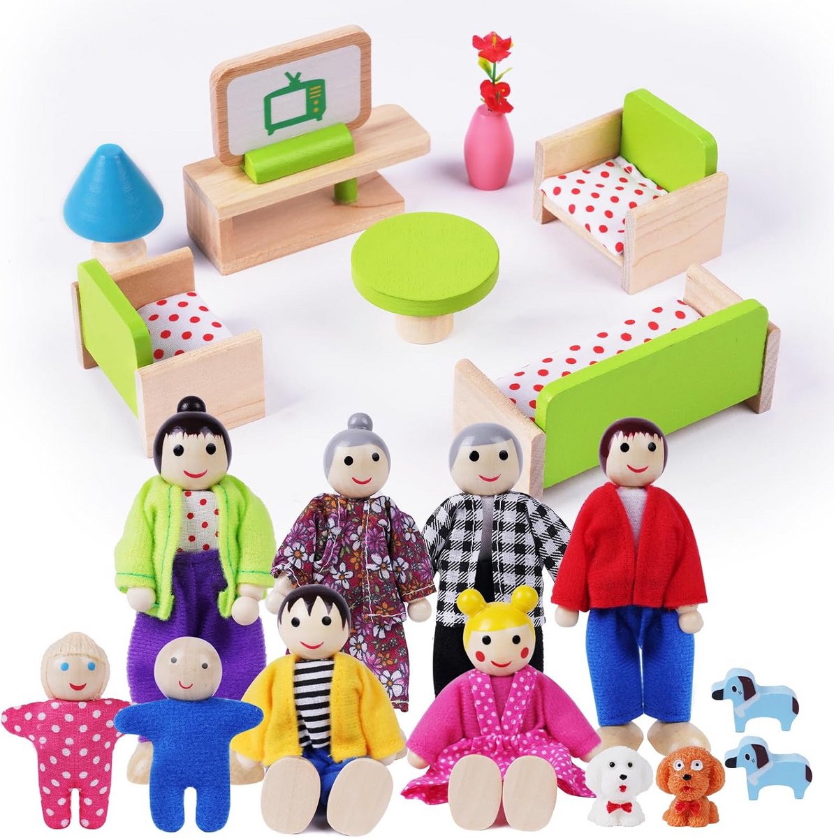 Houten Poppenhuis Meubels Set met 8 Familiepoppen en 4 Honden voor Kinderen