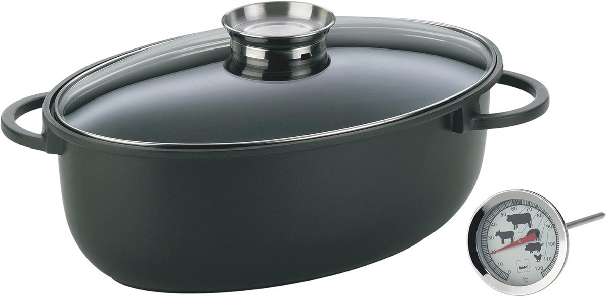 Grote Braadpan met Vleesthermometer - 8 Liter, Antiaanbak Coating, Ovenvast tot 230°C