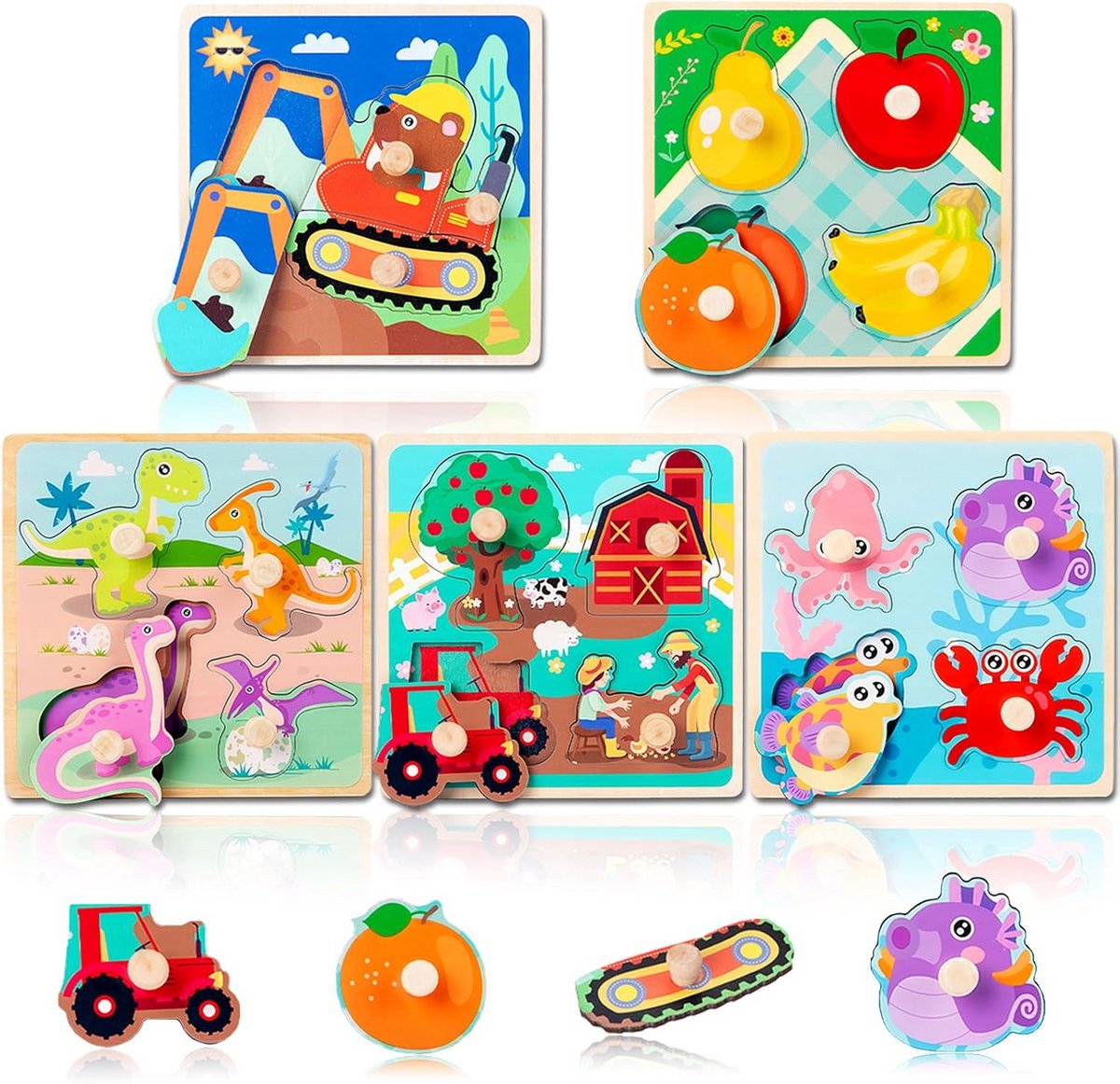 Houten Peg Puzzels voor Peuters - Vijf Stukset voor 1 tot 3 Jaar Oud