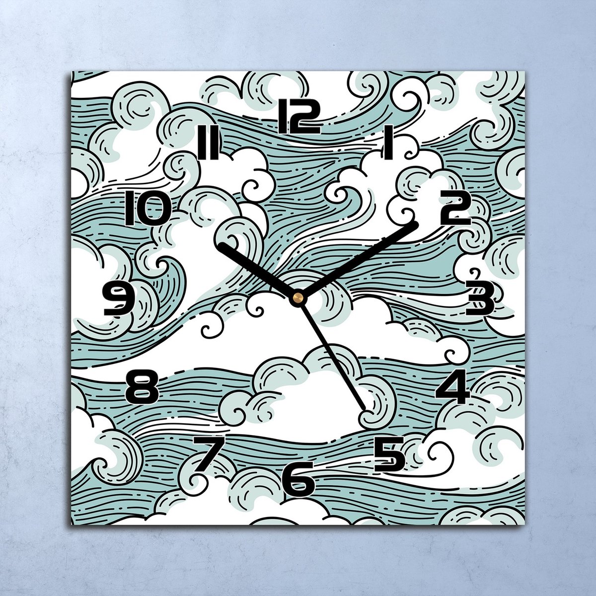 Coloray Wandklok - Winderige golven Glazen Klok - 30x30 cm - Lichtblauw Wandklok - Wandklok Vierkant - Wandklok Industrieel - Wandklok Keuken - Stille Wandklok