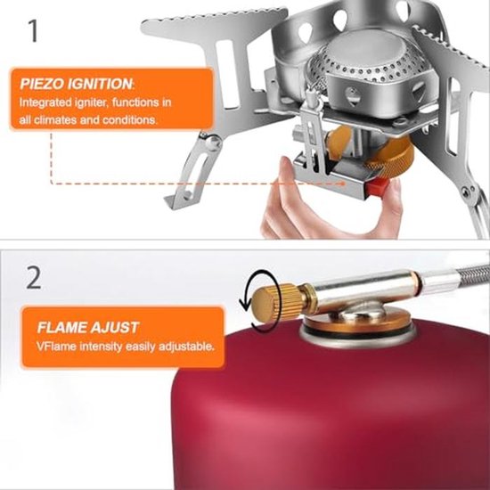 Campingkooktoestel 3500 W - Draagbaar Gasfornuis met Winddichte Afdekking en Adapter — afbeelding 5