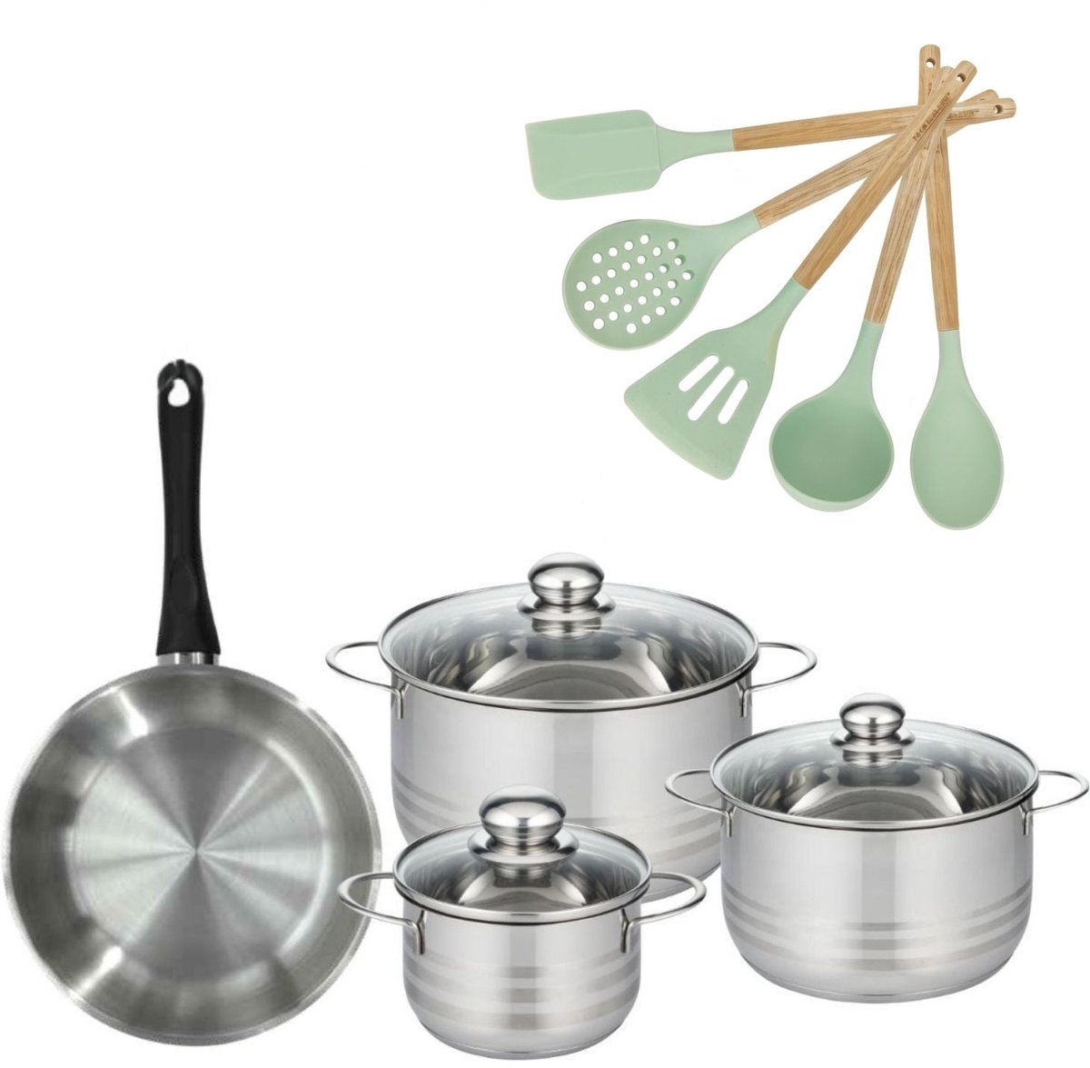 Set Koekenpan 24cm en 3 Kookpannen 16/20/24cm Fackelmann Genève met 5 keukengerei