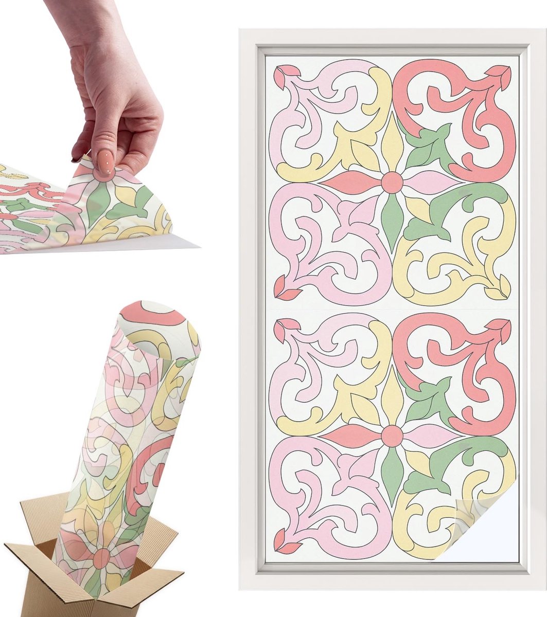 Tulup Raamfolie Anti inkijk - Bloemornamenten Privacy Folie Raam - 50x100 cm - Rood Anti inkijk Folie - Raamfolie Tegen inkijk Glas in Lood - Voor de slaapkamer, badkamer en woonkamer. - Raamfolie Zonwering
