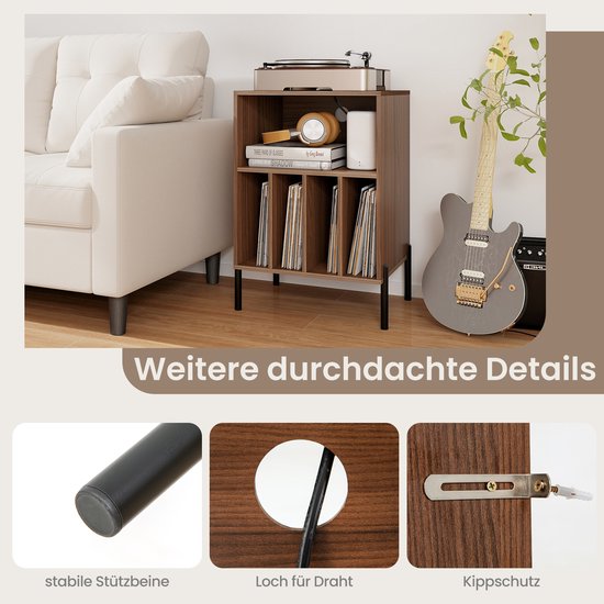 COSTWAY Draaitafel standaard met laadstation, vinylplaten, draaitafel met plank en 4 scheidingswanden en metalen poten, platenstandaard bijzettafel, woonkamer kantoor, 53 x 45 x 78,5 cm (bruin) — afbeelding 2