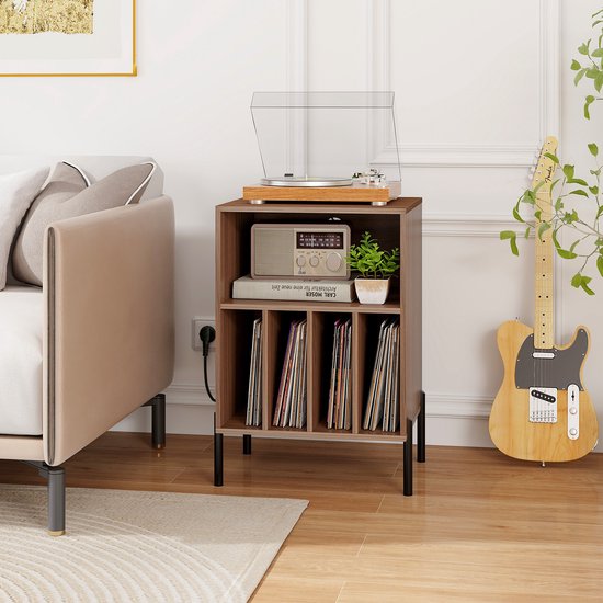 COSTWAY Draaitafel standaard met laadstation, vinylplaten, draaitafel met plank en 4 scheidingswanden en metalen poten, platenstandaard bijzettafel, woonkamer kantoor, 53 x 45 x 78,5 cm (bruin) — afbeelding 5