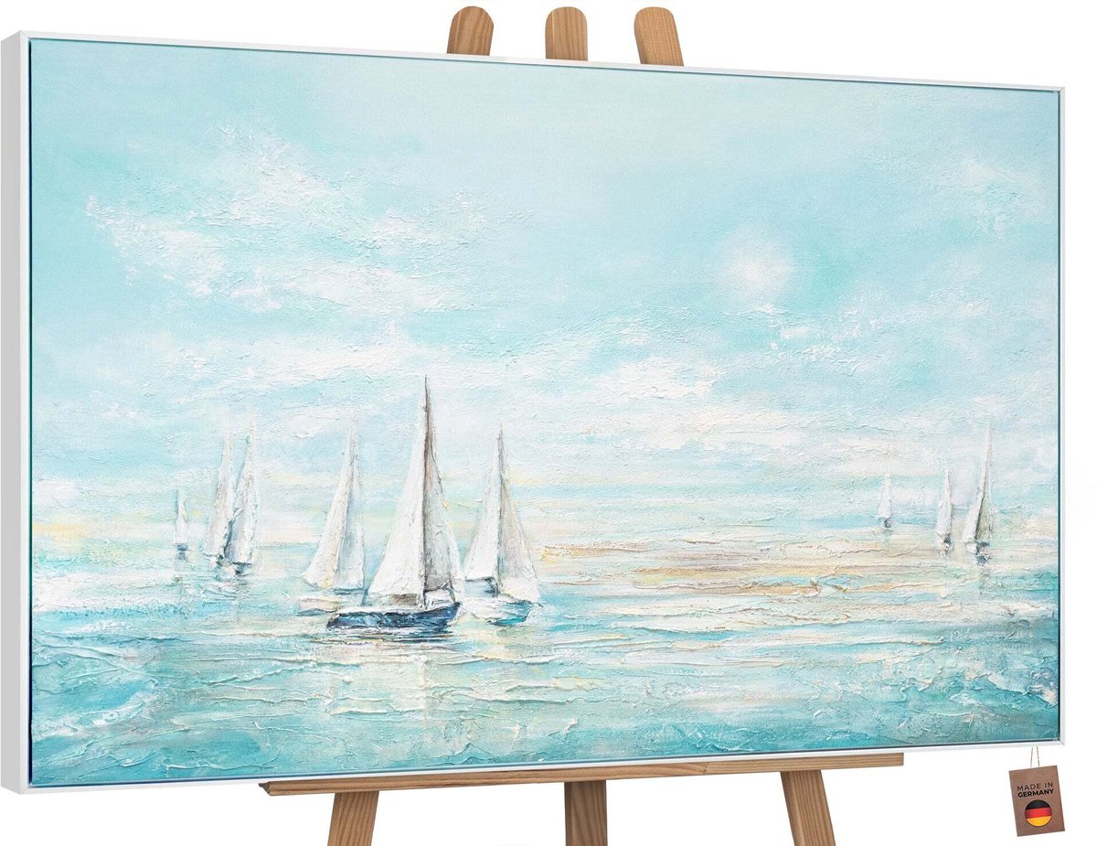 Canvas schilderij landschapsformaat handgeschilderd zeeblauw zee blauw – YS-Art Gallery – Luxe wanddecoratie voor woonkamer – Modern schilderij voor slaapkamer en hal wit