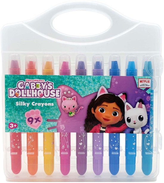 Gabby's Dollhouse 9 Silky Crayons set met Gabby en Pandy Paws op de verpakking.