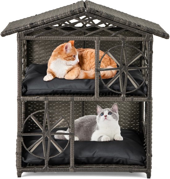 PawHut Kattenhuis van hout, kattenhol met platforms, hangbrug, kattenhok voor maximaal 2 katten, binnen en buiten, geel