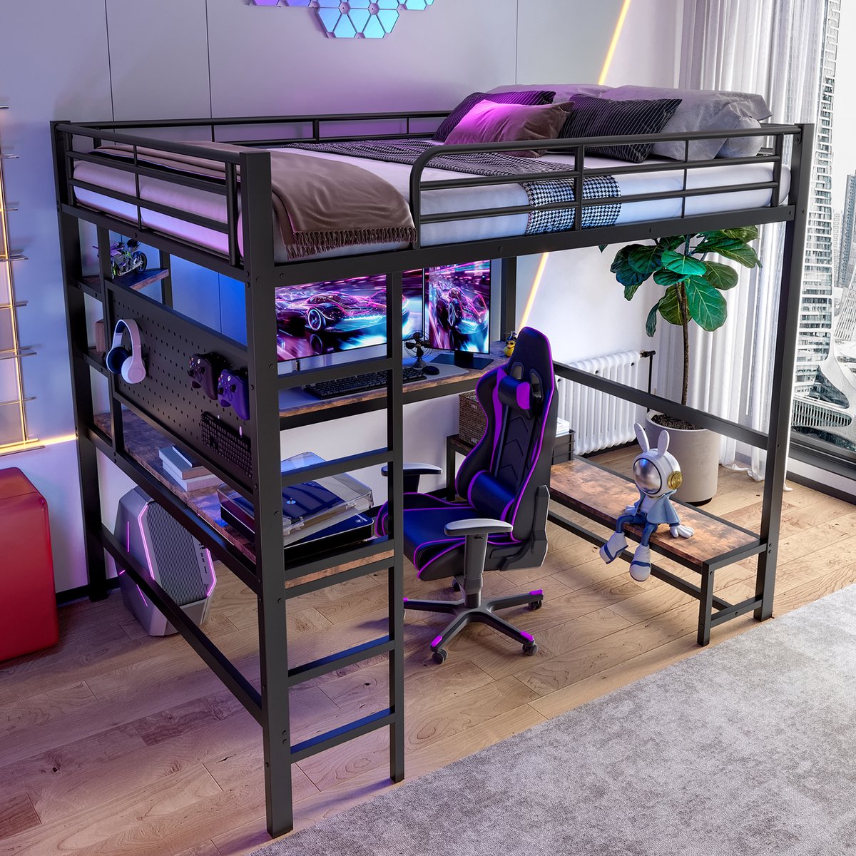 HAUSS SPOLE Hoogslaper 140x200 cm - Hoogslaper met Bureau en Planken - USB-C & LED - Reling en Trap - Metaal MDF - Zonder matras - Zwart