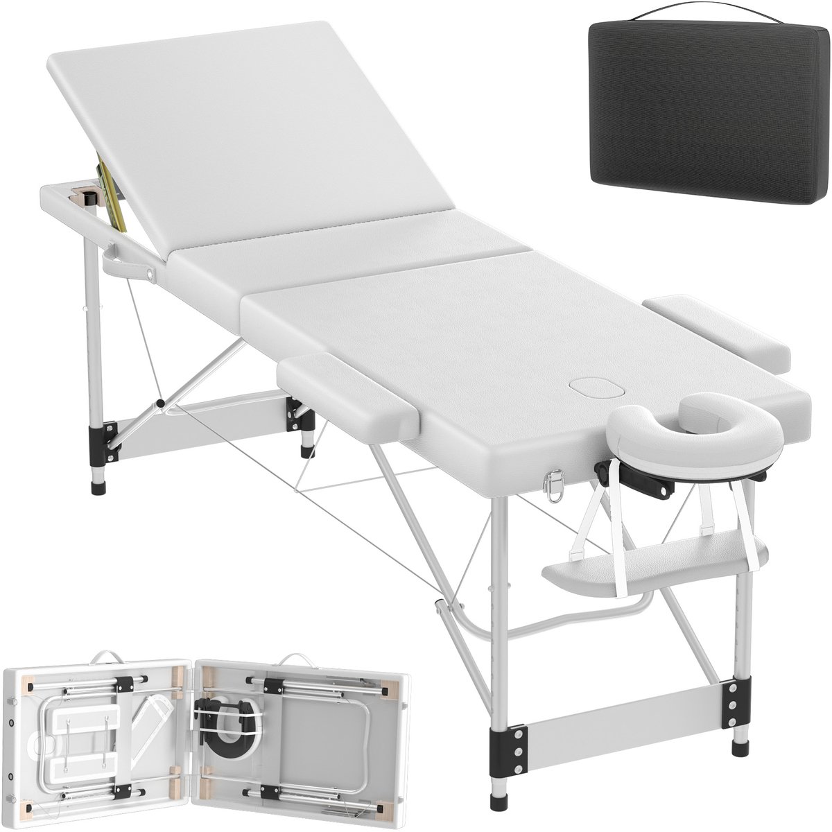 Aufun Massageliege - Mobiele Massagetafel 3-Zones - Klapbaar En Hoogteverstelbaar - Breed Massagebed Voor Of Cosmetica - Inclusief Alu-Kopsteun, Armsteun En Draagtas - 212 x 80 cm - Wit