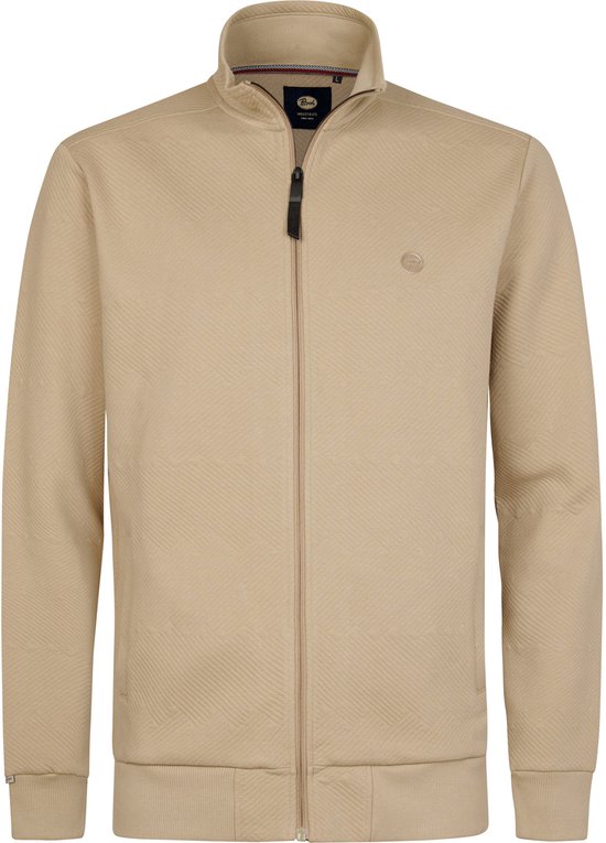 Volledig beige vest met rits, opstaande kraag, subtiel patroon en merklogo.