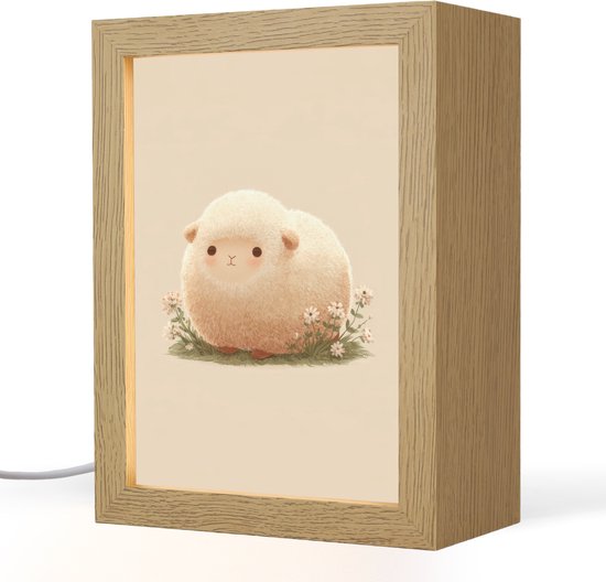 Nachtlampje 15x20 cm - Kinder lampje - Schaap - Beige - Bloemen - Tafellamp kinderkamer - Slaapkamer lamp - Bedlamp kinderen - Kinderlampje stopcontact - Wandlamp babykamer - Nachtlampjes
