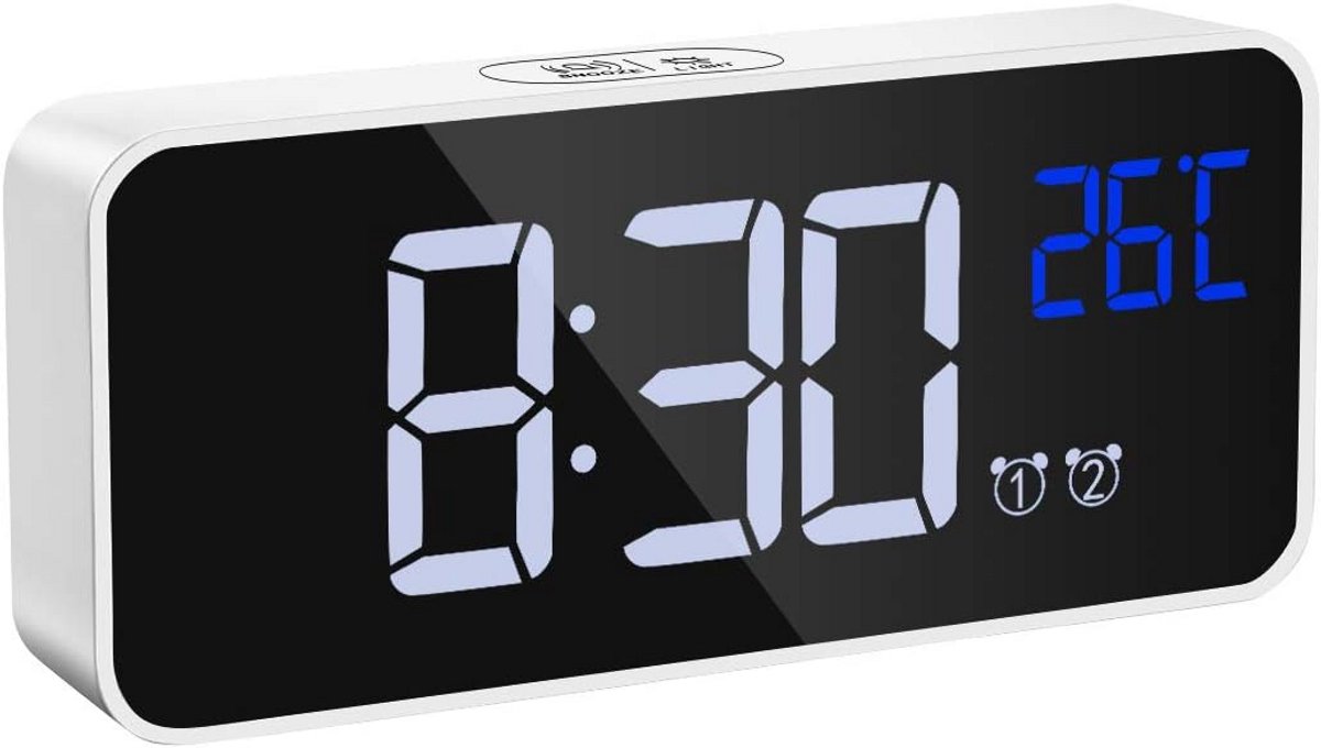 Moderne Digitale Spiegelwekker met Dubbel Alarm, Display Dimbaar
