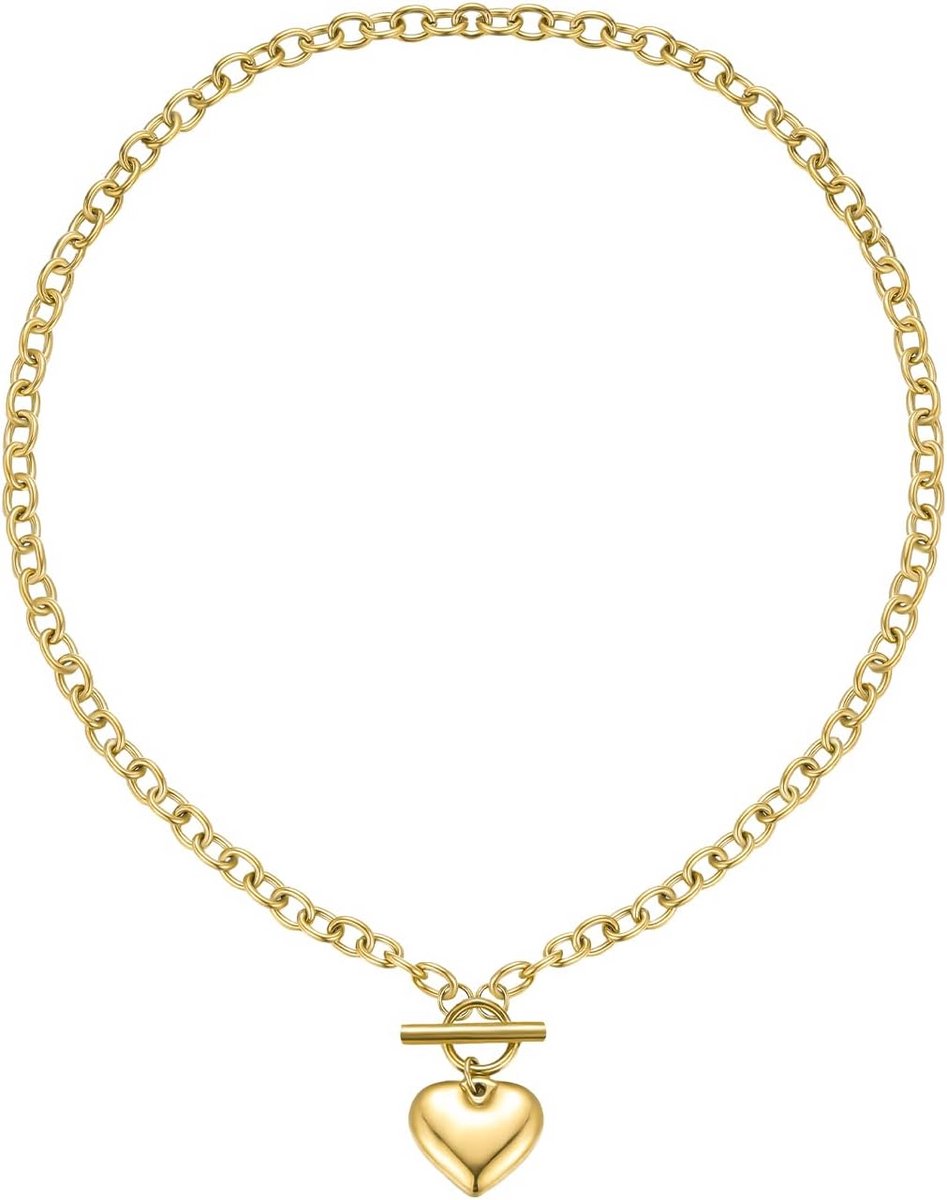 Gouden Hart Kettingset Dames met Dikke Paperclip Schakel en OT Toggle Sluiting - Roestvrij Staal