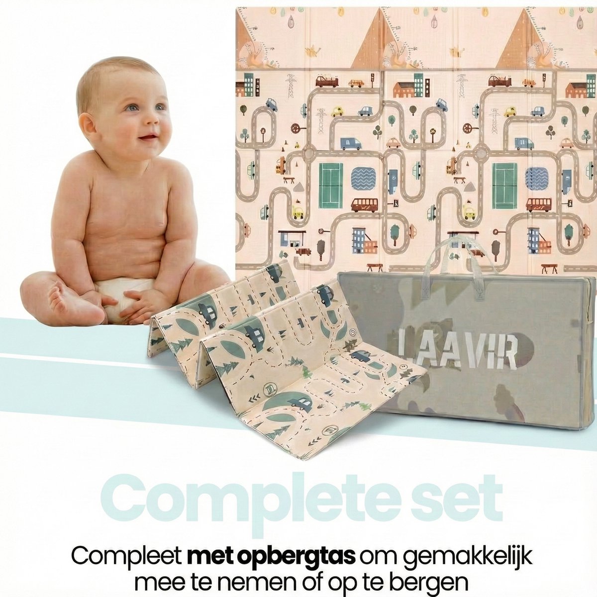 Laavir® Opvouwbare Baby Speelmat – 200x150 cm – Dubbelzijdig Auto- en Stadsontwerp – Foam Speelkleed met Opbergtas – Waterafstotend & Antislip – Blauw — afbeelding 7