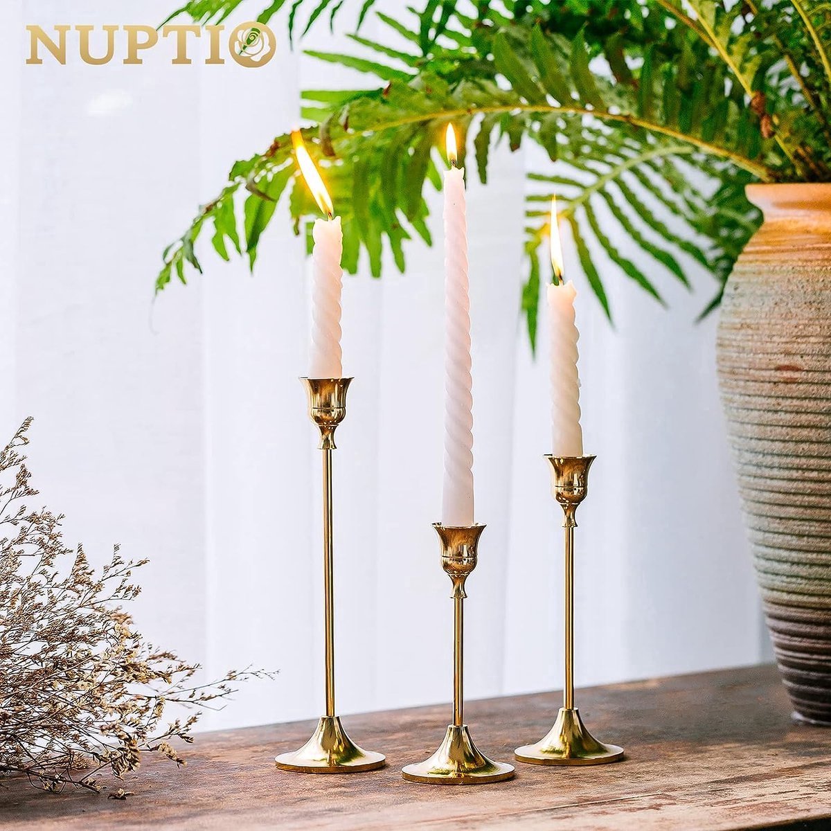 Stunq® 3 stuks messing gouden metalen kaarsenhouders, vintage kaarsenstandaard voor tafel,