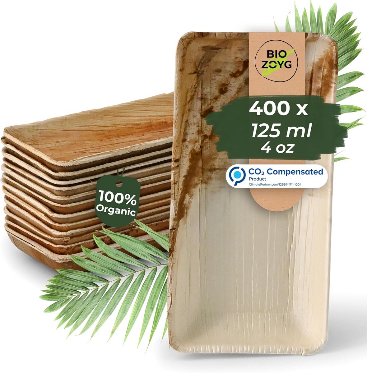 400x Rechthoekige Snackschaaltjes van Palmblad - Composteerbaar Wegwerpservies 125 ml