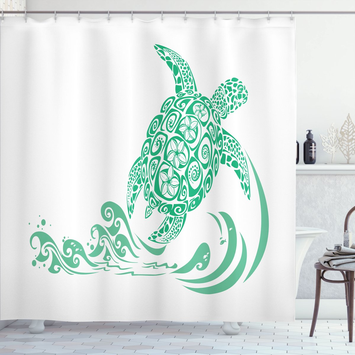 ABAKUHAUS Schildkröte Douchegordijn, Plumeria-Bloemen-Patroon, Stoffen Badkamerdecoratieset met Haken, 175 x 180 cm, Wit en Meergrün
