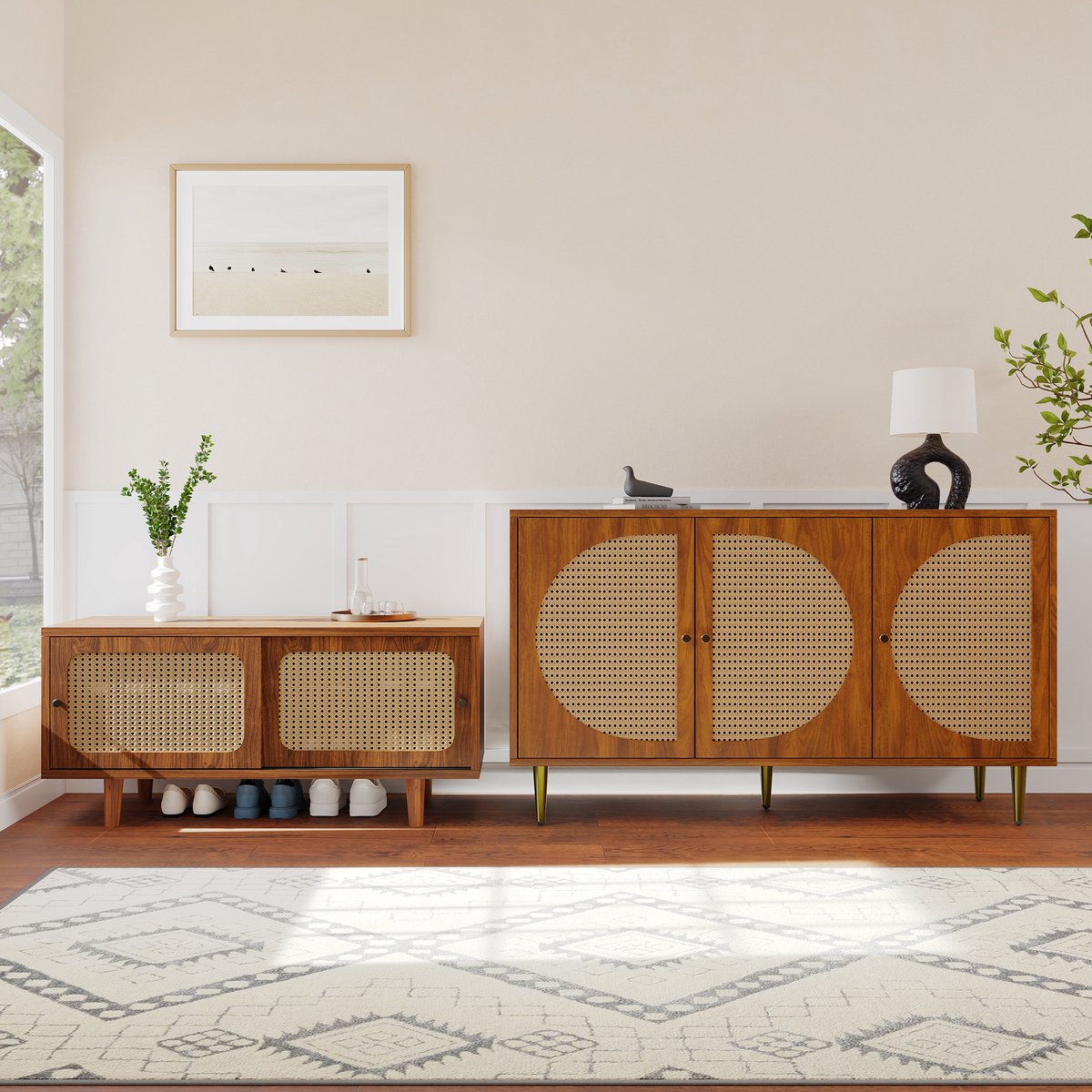 REDOM Dressoir set van rattan en spaanplaat, walnootkleurig, met opbergruimte en schoenkast