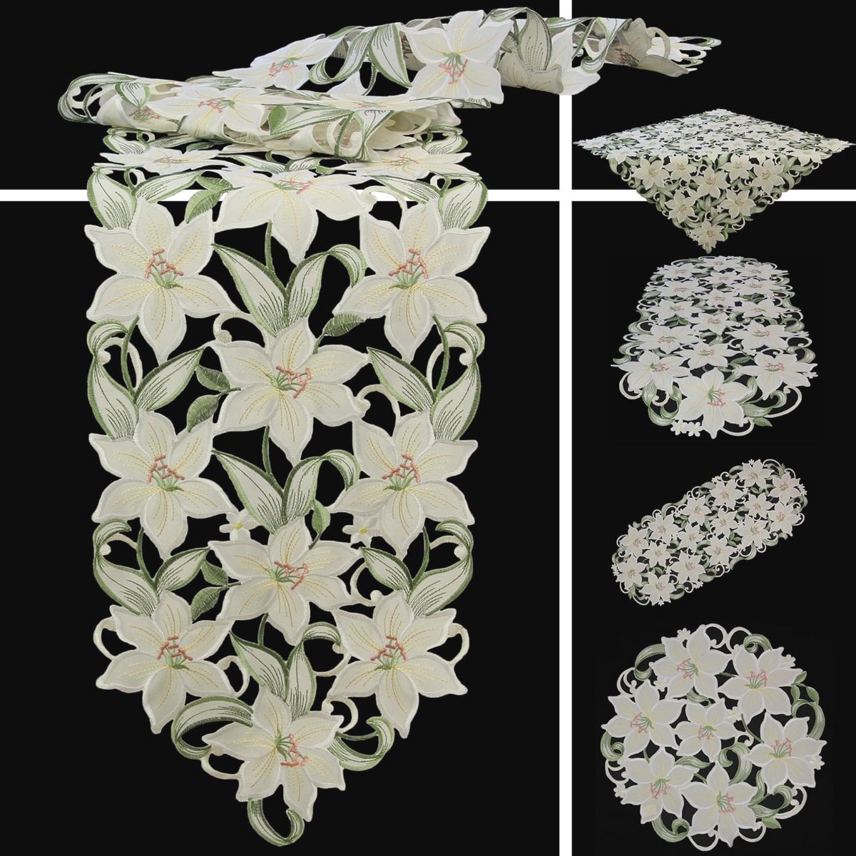 Open borduurwerk Tafelkleed 85 x 85 cm – Wit met Groene Accenten
