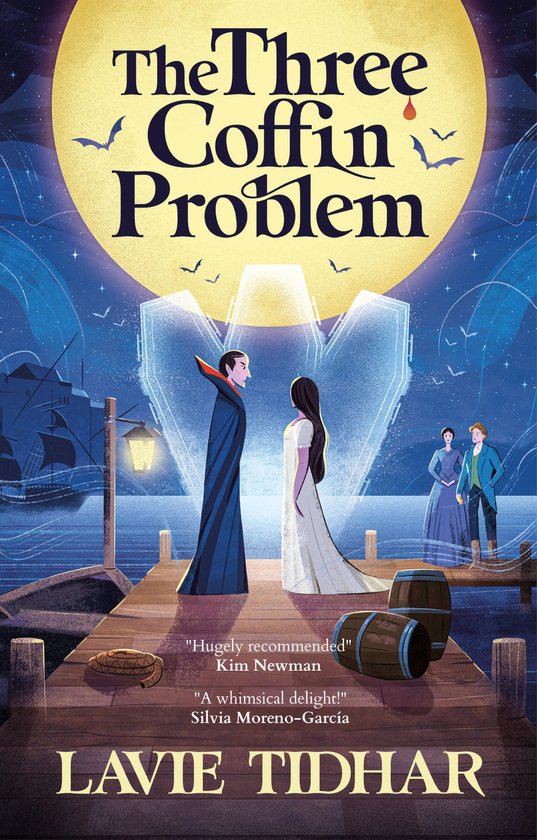 Boekomslag: Een vampier en een vrouw staan op een pier bij volle maan, met schepen en twee figuren op de achtergrond. Titel: The Three Coffin Problem.