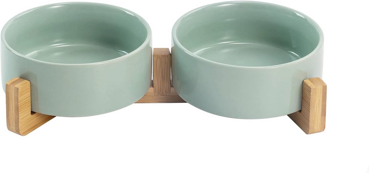 Dubbele Keramische Voerbak met Bamboe Standaard voor Katten en Honden - 400 ml - Lichtgroen