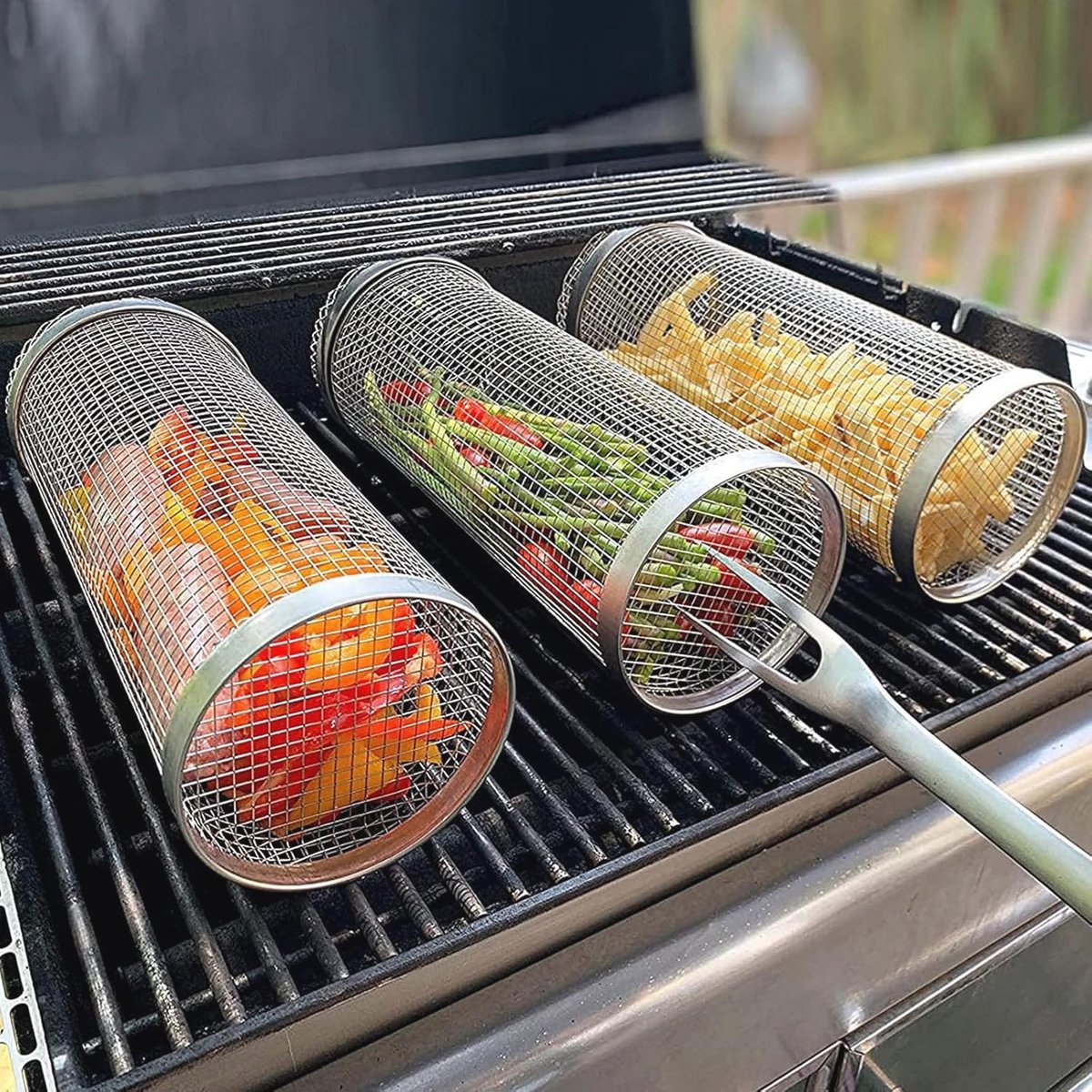 3-delige BBQ Mand Set van RVS – Grillaccessoires voor Buitenbarbecues en Kampeerreizen