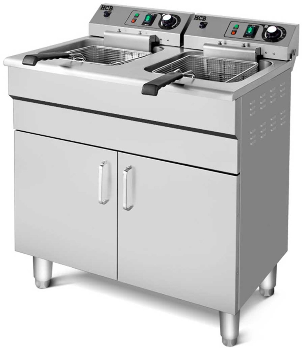 HCB® - Professionele grote Horeca frituurpan - Dubbele friteuse - 2 x 14 liter - 2 x 400V - RVS / INOX frietketel - frietpannen - frietpan - 53x68.6x91 cm (DxBxH) - 10000W - 2600