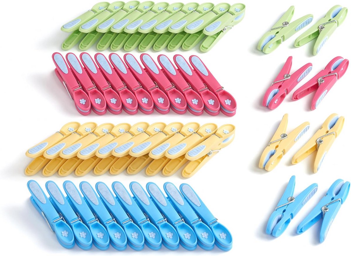 Premium wasknijpers in bloemdesign (48 stuks) - Blauw, Geel, Groen, Roze
