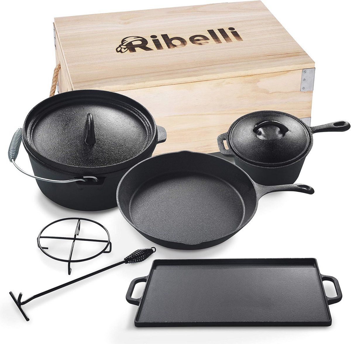 7-delige Dutch Oven Set in Houten Kist - Hoogwaardige Gietijzer Pannen voor BBQ en Koken