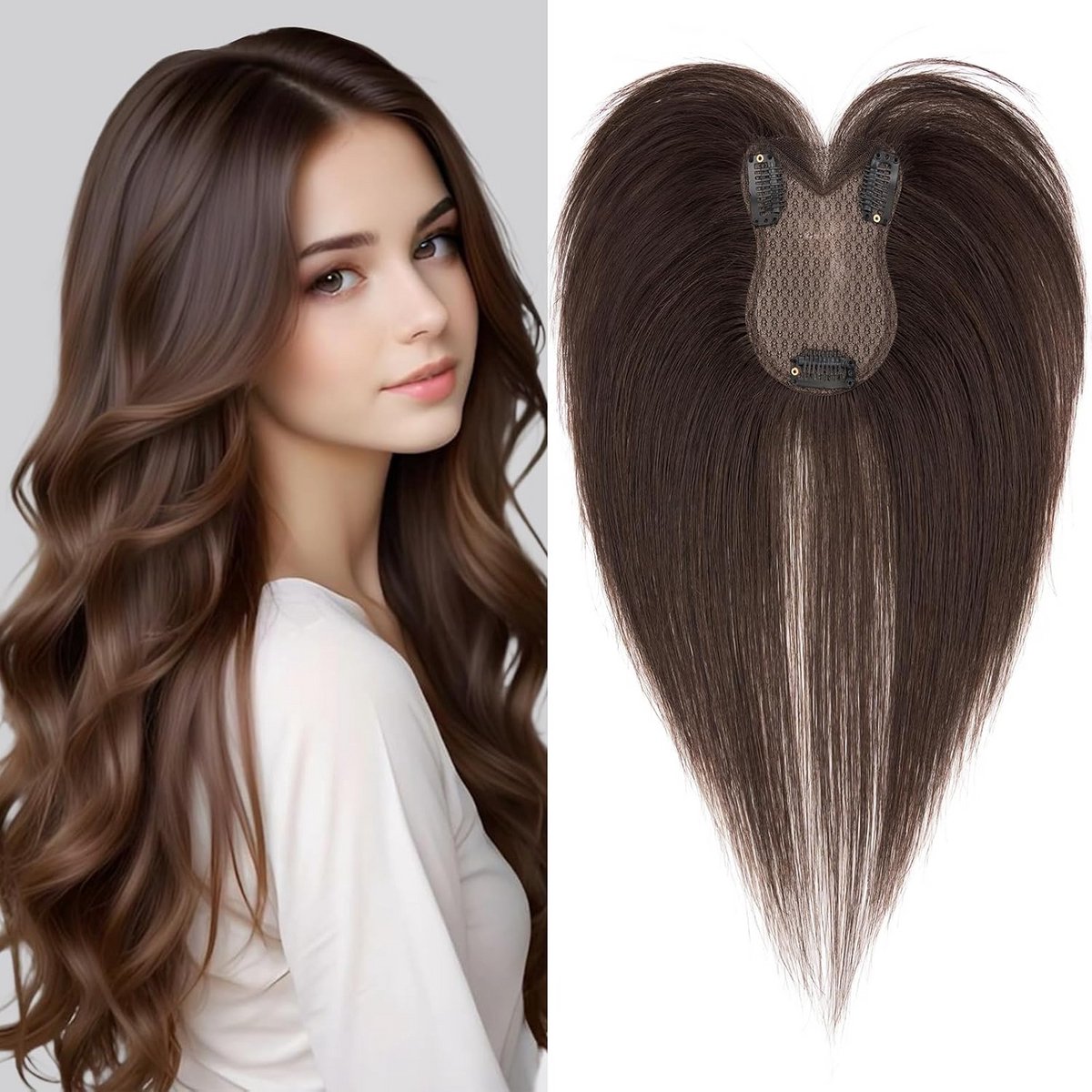 Echt Haar Topper met Zijdelingse Pony - Clip-in Haarstuk Dames Donkerbruin