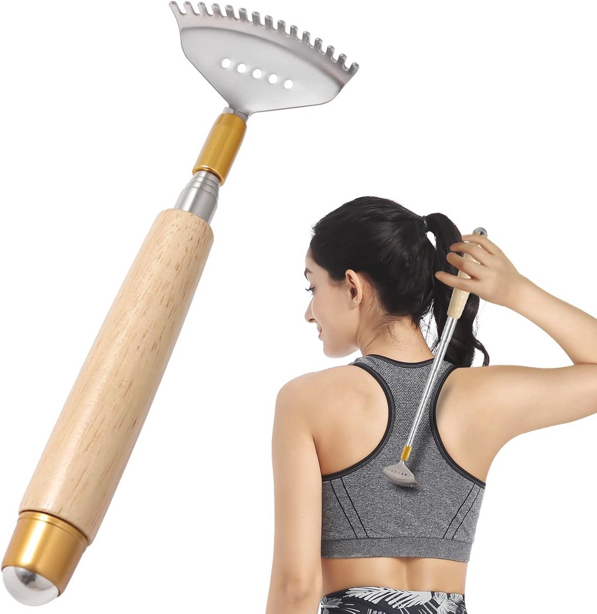 Houten Rugkrabber met Uittrekbare Handgreep en Rollende Bal - Voor Lichaamsmassage en Verlichting van Spanning