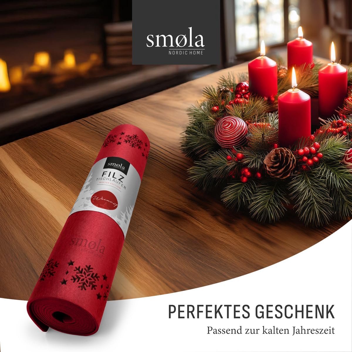Tafelloper van Rood Vilt voor Kerst en Winter - 100 x 30 cm Tafeldecoratie