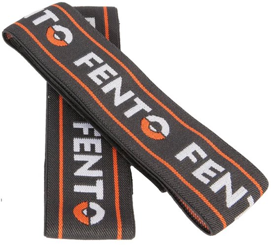 Twee FENTO elastieken op een donkergrijze ondergrond met oranje strepen en witte FENTO-letters.