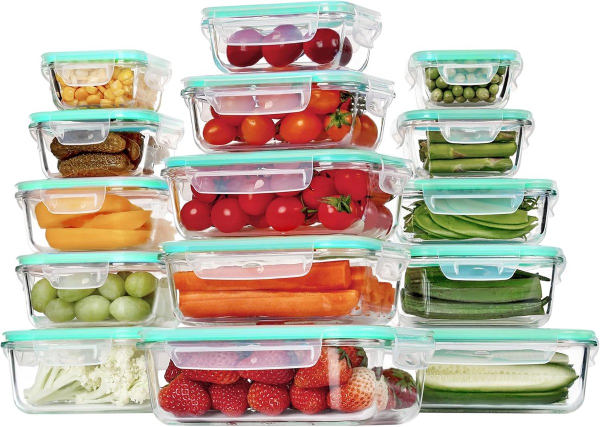 15-delige glazen voedselcontainers met deksels - Maaltijdprep en lunchbox