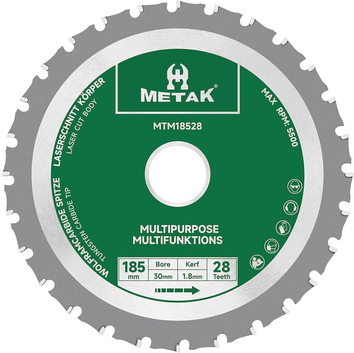 Multifunctioneel cirkelzaagblad 185 mm voor hout, metaal, en kunststof – 28 tanden, 30 mm boring