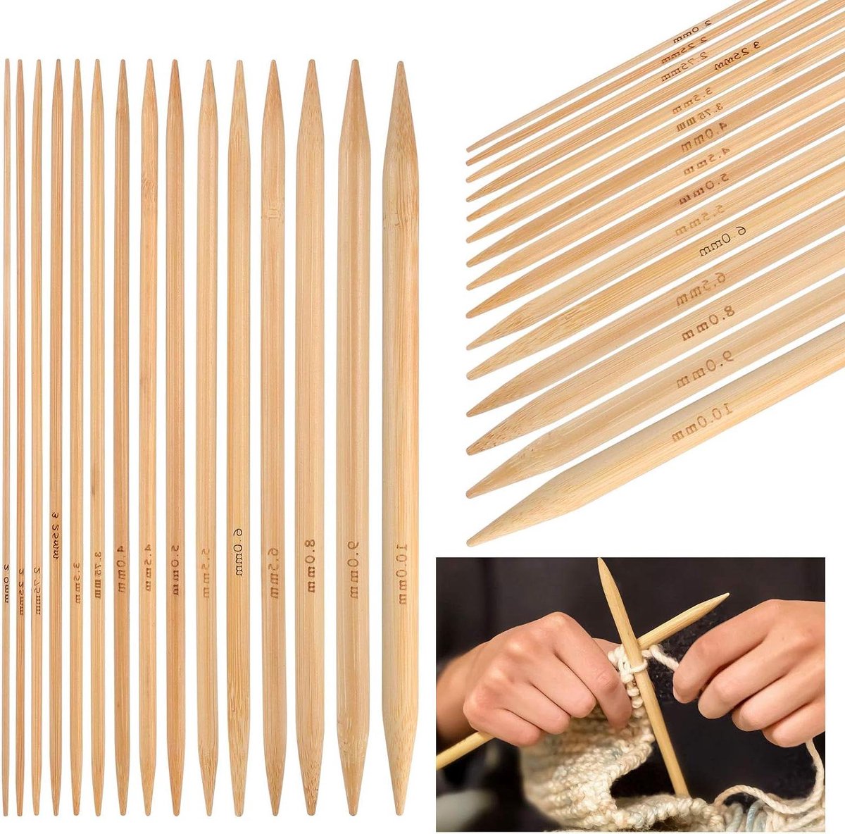 Allecta - Bamboe Breinaalden Set voor Beginners en Professionals - 15 Dubbele Puntige Naalden in 15 Maten - Geschikt voor Volwassenen en Kinderen - Breipakket met 75 Stuks