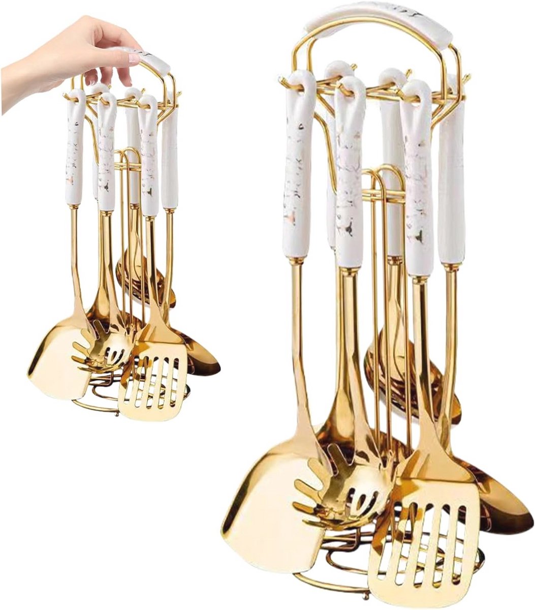 Gouden Keukengerei Set - 7 Delige Set met Praktische Houder - Vaatwasmachinebestendig