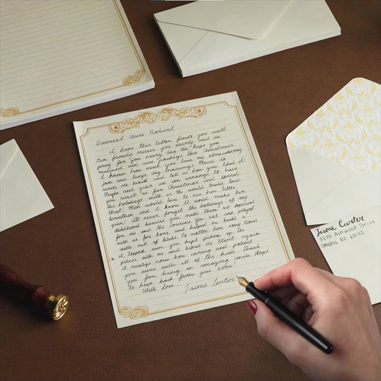 44 stuks vintage briefpapierset, 12 linnen enveloppen en waszegel, 20