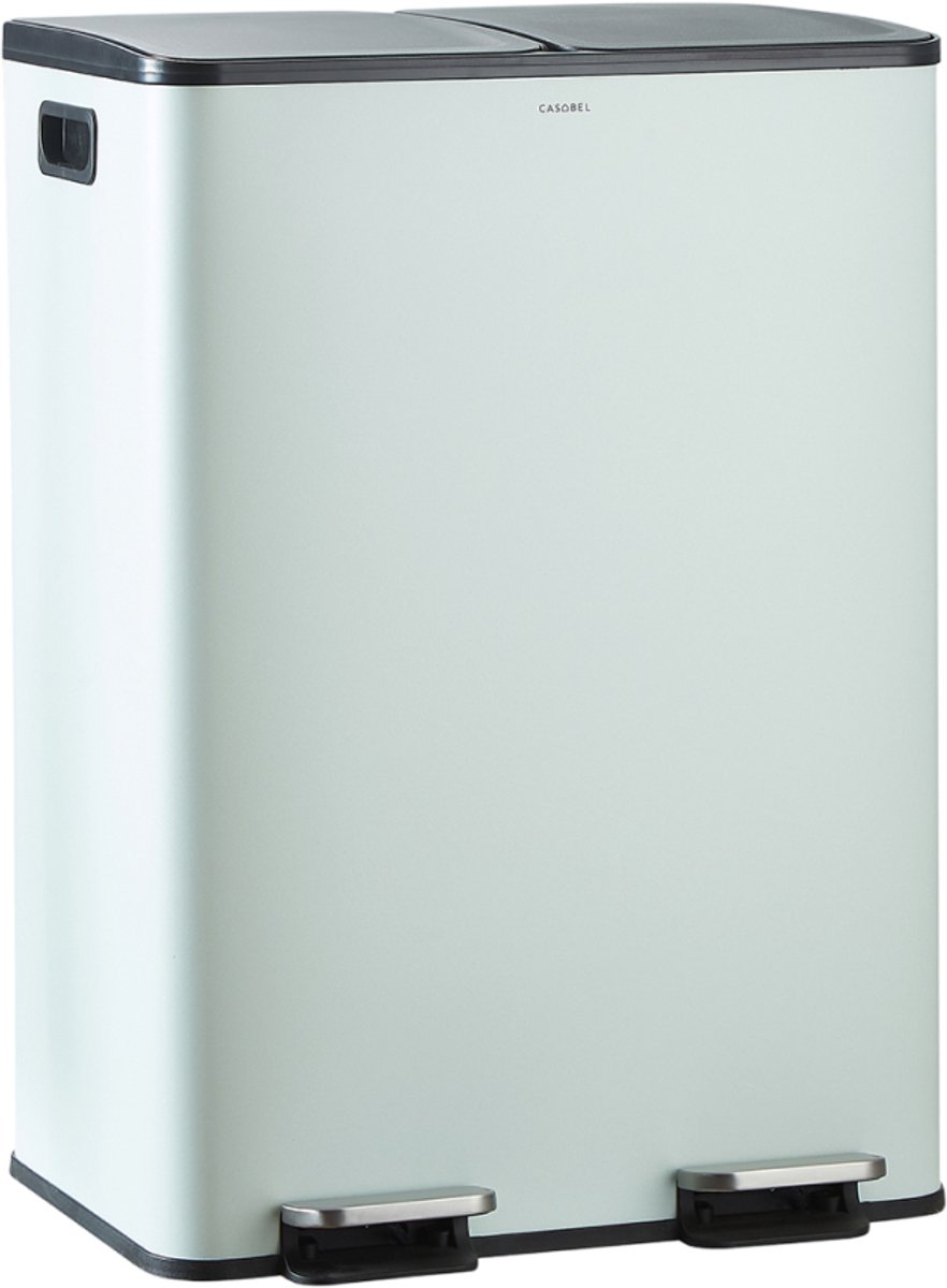 CASABEL 60L Recyclingbak, 2x30L Roestvrij Staal, Mintgroen, Dubbele Vakken, Pedaal, Uitneembare Bakken, Geluidsarme Deksel