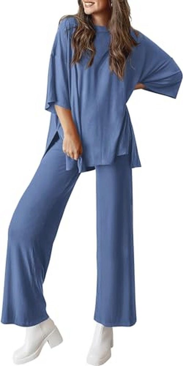 2-delige dames outfit met gebreide trui en brede broek voor casual comfort