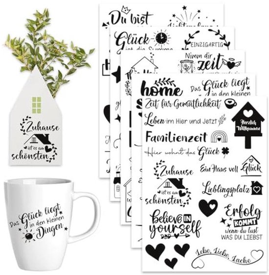 Collage de diverses phrases et motifs pour la décoration, y compris 'home', 'Zuhause ist es am schönsten' et 'Lieblingsplatz'.